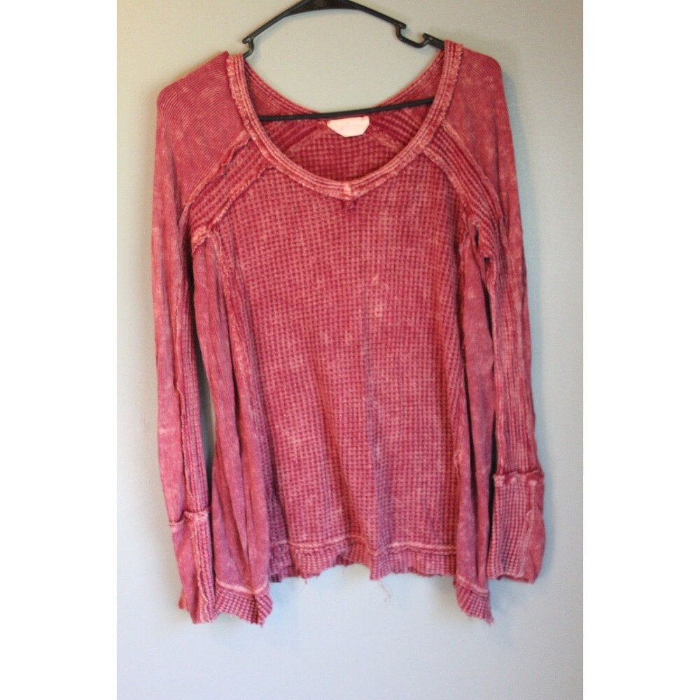 Abree Waffle Knit Top Women's Small Distressed Long Sleeve Stretch Shirt